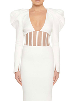 Frauen Bodycon Kleider Weiß mit V-Ausschnitt Plissee Sexy lange Ärmel Enges Kleid