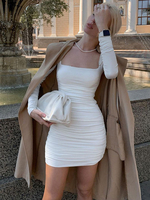Frauen Bodyconkleider Weiß U Hals Plissee Sexy Langarm Bleistift Kleid Midi Kleid