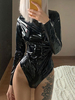 Frauen Bodysuit Schwarz Langarm Hoher Kragen Sexy Leder Top Für Frauen