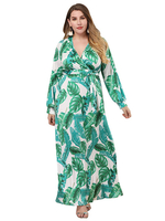 Frauen Bohemian Kleider mit Blumenmustern Grün Polyester V-Ausschnitt Plus Size Kleidung