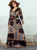 Frauen Bohemian Kleider plus Größe Kleidung Blumendruck Schwarz Polyester V-Ausschnitt Maxikleid