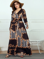 Frauen Bohemian Kleider plus Größe Kleidung Blumendruck Schwarz Polyester V-Ausschnitt Maxikleid