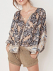 Frauen Boho Bluse Chiffon V-Ausschnitt Langarm Bedrucktes Hemd