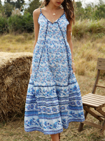 Frauen Boho Kleid blaue Riemen Neck Sleeveless Gedruckt Polyester Lange Sommerkleid Maxi Kleid