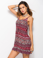 Frauen Boho Kleid Burgunder Träger Hals Ärmelloses bedrucktes kurzes Sommerkleid Midikleid