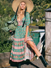 Frauen Boho Kleid Green Jewel Neck Kurzarm Ärmeln Blumendruck Bohemian Long Dress