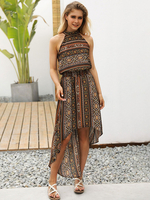 Frauen Boho Kleid Kaffee Braun Ärmellos bedruckt Viskose Long Beach Kleid Maxikleid