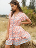 Frauen Boho Kleid Pink V-Ausschnitt Kurzarm Ärmeldruck Schnür Sommerkleid Midi Kleid