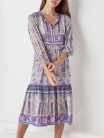 Frauen Boho Kleid Ärmeln Blumendruck Tasten Sommerkleid
