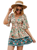 Frauen Boho Kleid V-Ausschnitt Halbarm Bedruckte Schnürung Strandkleid Midi Kleid