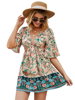 Frauen Boho Kleid V-Ausschnitt Halbarm Bedruckte Schnürung Strandkleid Midi Kleid