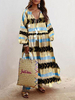 Frauen Boho Kleid V-Ausschnitt Langarm Bedruckt Fransen Maxi Kleid