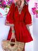 Frauen Boho Kleid V-Ausschnitt Mittellange Ärmel Rotes Sommer Midi Kleid