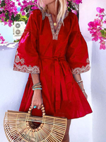 Frauen Boho Kleid V-Ausschnitt Mittellange Ärmel Rotes Sommer Midi Kleid