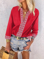Frauen Boho Shirt Rot bedruckt V-Ausschnitt 3/4 Länge Ärmel Casual Top