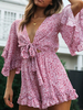 Frauen Boho Strampler Blumendruck V-Ausschnitt mit halben Ärmeln Rüschen geknoteter Sommeroverall