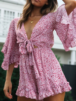 Frauen Boho Strampler Blumendruck V-Ausschnitt mit halben Ärmeln Rüschen geknoteter Sommeroverall