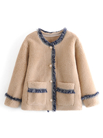 Frauen Brown Jacke Jewel Neck Fringe Langarm Wintermantel