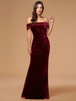 Frauen Burgund Abendkleid Meerjungfrau Bateau Neck Reißverschluss Plissee Velour Formale Partykleider