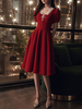 Frauen Burgund Midi Kleid Mit Cocktail Glamour A-Linie Knielang Square Neck Lace Partykleid