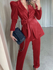 Frauen Burgund zweiteilige Sets Polyester Turndown Kragen Langarm Mantel Lang lässig Hosen Outfit
