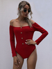 Frauen Burgunder Bateau Neck Langarm Polyester Sommer Sexy Spielanzug