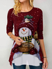 Frauen Burgunder Shirt Langarm Weihnachten Schneemann gedruckt Juwel Hals Polyester T-Shirt