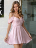 Frauen Cami Kleid Rosa Kurzarm Polyester Kurzes Sommerkleid Midi Beach Kleid