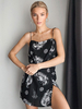 Frauen Cami Kleider Schwarz Ärmellose Animal Print Träger Hals Korean Velvet Split Midi Kleid