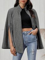 Frauen Cape Coat Schwarz Stehkragen Langarm Reißverschluss Poncho Mantel