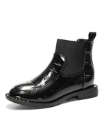 Frauen Chelsea Boots Schwarz Patent PU-runde Zehe Steinmuster-Stiefeletten