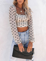 Frauen-Chiffon- Blusen-weiße Quadrat-Ausschnitt Langarm-Tupfen-Plissee Tops