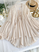 Frauen Chiffon Bluse Boho Nude V-Ausschnitt Langarm Casual Shirt