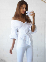 Frauen Chiffon Blusen 2021 weg von der Schulter Langarm Knotted Bardot Top