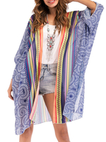 Frauen Chiffon Kimono Langarm vorne offen Print Strand vertuschen