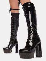 Frauen Chunky Heel Runde Zehe Knie-High Black PU-Lederstiefel