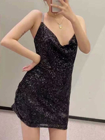 Frauen Club Kleid Cowl Neck Sexy Ärmelloses Polyester Schwarz Sexy Kleid Slip Kleid