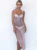 Frauen Club Kleid Pink Designed Ausschnitt Ausschnitt Ärmelloses Polyester Sheer Long Sexy Kleid