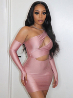Frauen Club Kleid Pink Off The Shoulder Ausgeschnitten Langarm Polyester Sexy Kleid Midi Bodycon Kleid