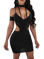 Frauen Club Kleid Träger Hals ausgeschnitten Polyester Offene Schulter Schwarz Sexy Kleid