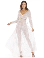 Frauen Club Kleid V-Ausschnitt Reißverschluss Langarm Tüll Sheer Silber Sexy Maxikleid