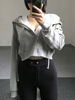 Frauen Crop Hoodie Grau Kapuze Langarm Kordelzug Baumwolle Sweatshirt