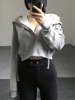 Frauen Crop Hoodie Grau Kapuze Langarm Kordelzug Baumwolle Sweatshirt