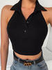 Frauen Crop Top Black Cotton Blend Buttons Turndown Kragen Ärmellose Casual Tops