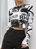 Frauen Crop Top Black Jewel Neck Casual Letters Gedruckt Langarm Baumwolle Blend Tops