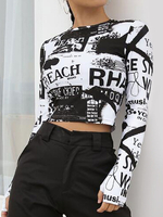 Frauen Crop Top Black Jewel Neck Casual Letters Gedruckt Langarm Baumwolle Blend Tops