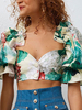 Frauen Crop Top Blumendruck Knöpfe Puff Ärmel Tops
