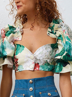 Frauen Crop Top Blumendruck Knöpfe Puff Ärmel Tops