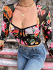 Frauen Crop Top Blumendruck Korsett Stil Vierkantausschnitt Langarm Sexy Tops