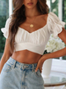 Frauen Crop Top Ecru Weiß Cupless V-Ausschnitt Akademische Kurzarm Chiffon Tops